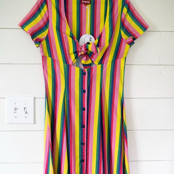 $295 STAUD Alice Tie Front Button Down Dress sz 6 S-M New NWT Colorful - Picture 2 of 7